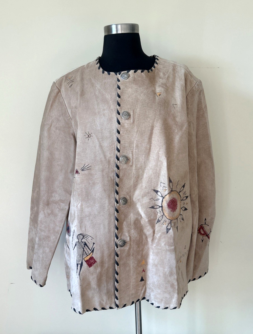 Vintage Chico's Design Leather Jacket XL Boho Festival Painted Folk Art Western